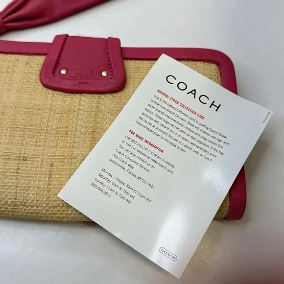 Coach Park Straw Clutch Handbag Small Purse Leather Metal Gold Tan Pink New NWT - Picture 8 of 13